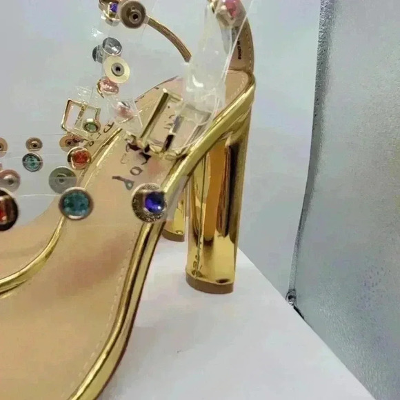 NEW IN BOX Lemon Drop by Privilege Strappy Gold Sandals 6.5 High Heel W/Stones - Picture 14 of 16